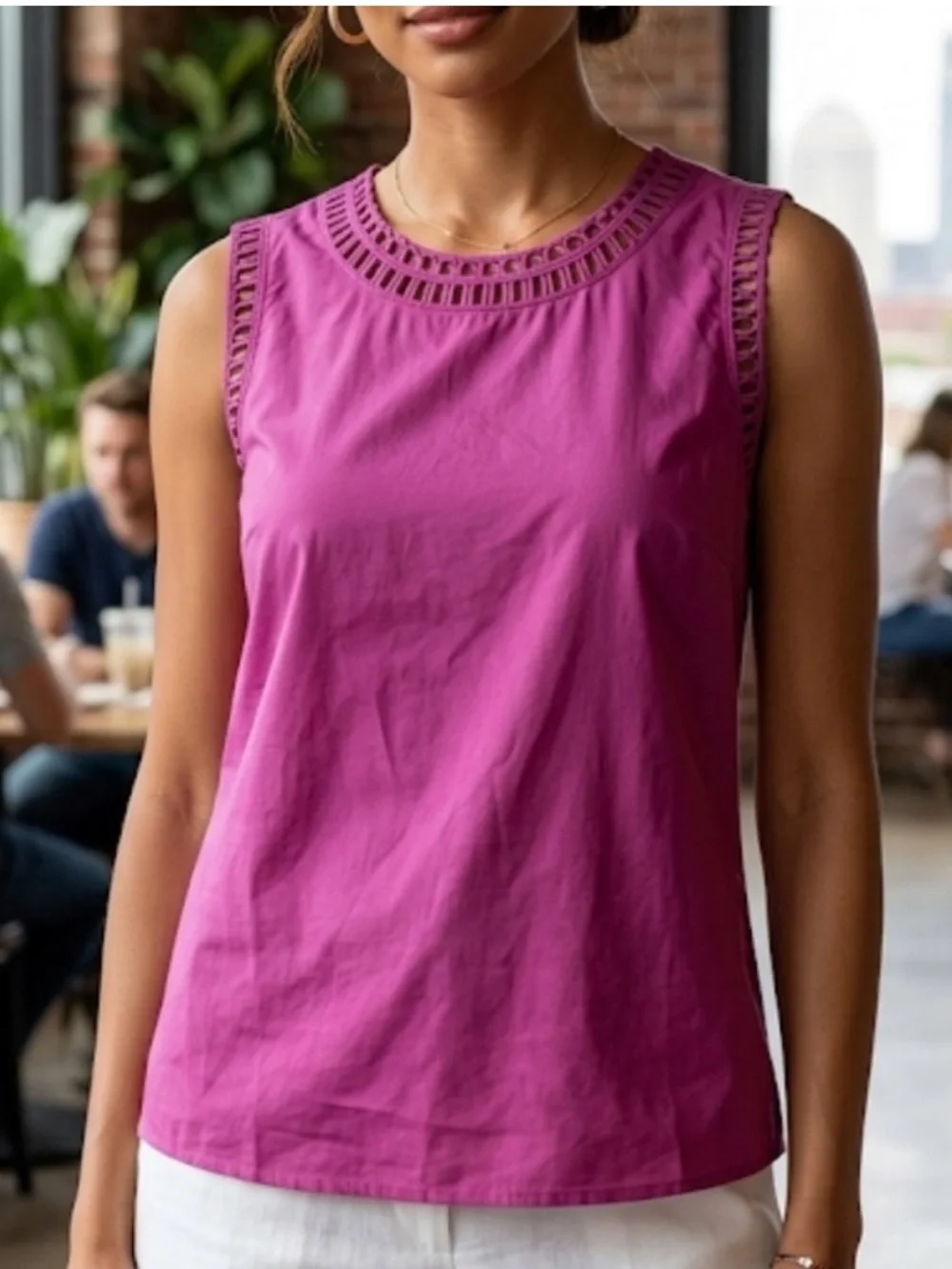 Talbots Cottagecore Magenta Pink‎ Eyelet Neckline Sleeveless Shell Top
